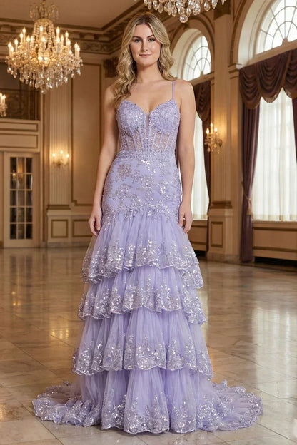Sevoba lavender V-neck sequin lace corset tiered mermaid prom dress with spaghetti straps, front view in ballroom setting