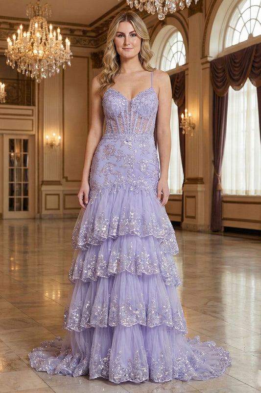 Sevoba lavender V-neck sequin lace corset tiered mermaid prom dress with spaghetti straps, front view in ballroom setting