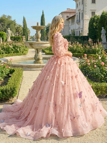 Charming Ball Gown Illusion Long Sleeves Quinceañera Dress With 3D Butterfly | Sevoba