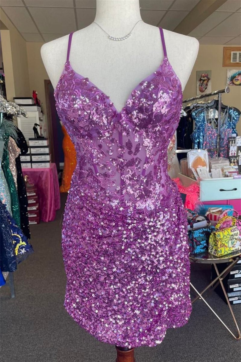 Othello | Sparkle Appliques Sequin Bodycon Lilac Homecoming Lace-up Dress