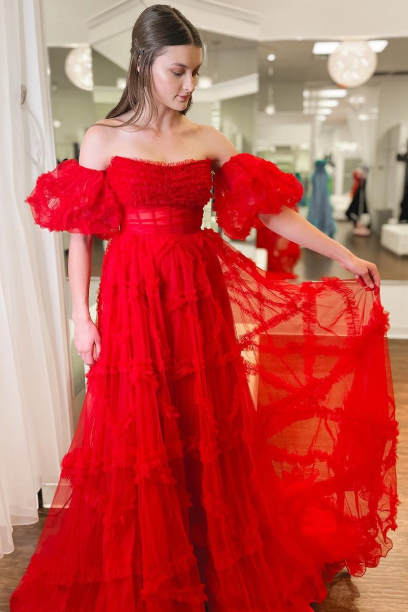 Sevoba|A-Line Strapless Ruffles Long Formal Dress with Puff Sleeves