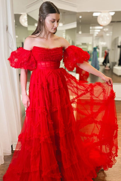 Sevoba|A-Line Strapless Ruffles Long Formal Dress with Puff Sleeves