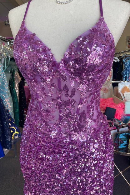 Othello | Sparkle Appliques Sequin Bodycon Lilac Homecoming Lace-up Dress