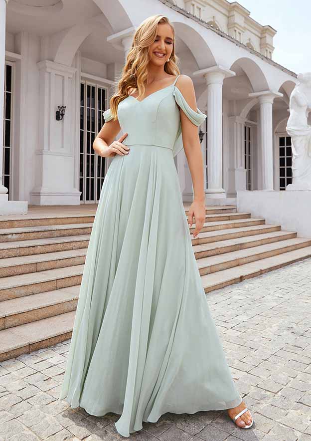 A-line Off-the-Shoulder Sleeveless Long/Floor-Length Chiffon Bridesmaid Dresses With Pleated