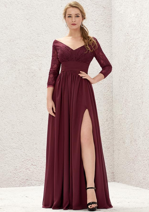 A-line V Neck Full/Long Sleeve Long/Floor-Length Chiffon Bridesmaid Dress With Lace Split Pleated