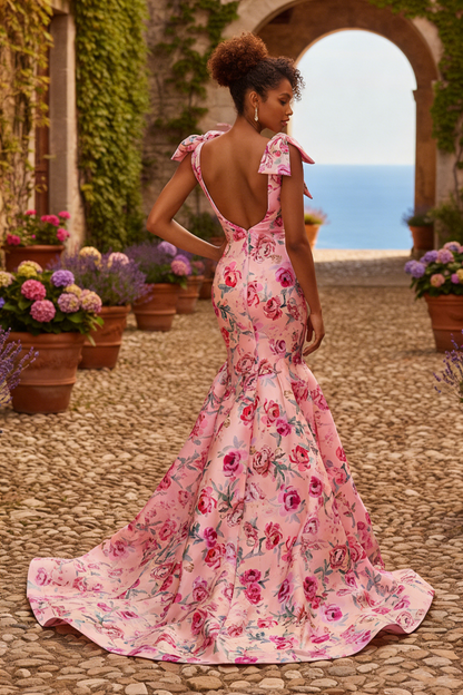 Luxury Deep V-Neck Mermaid Prom Dresses with Pink Floral Print | Sevoba