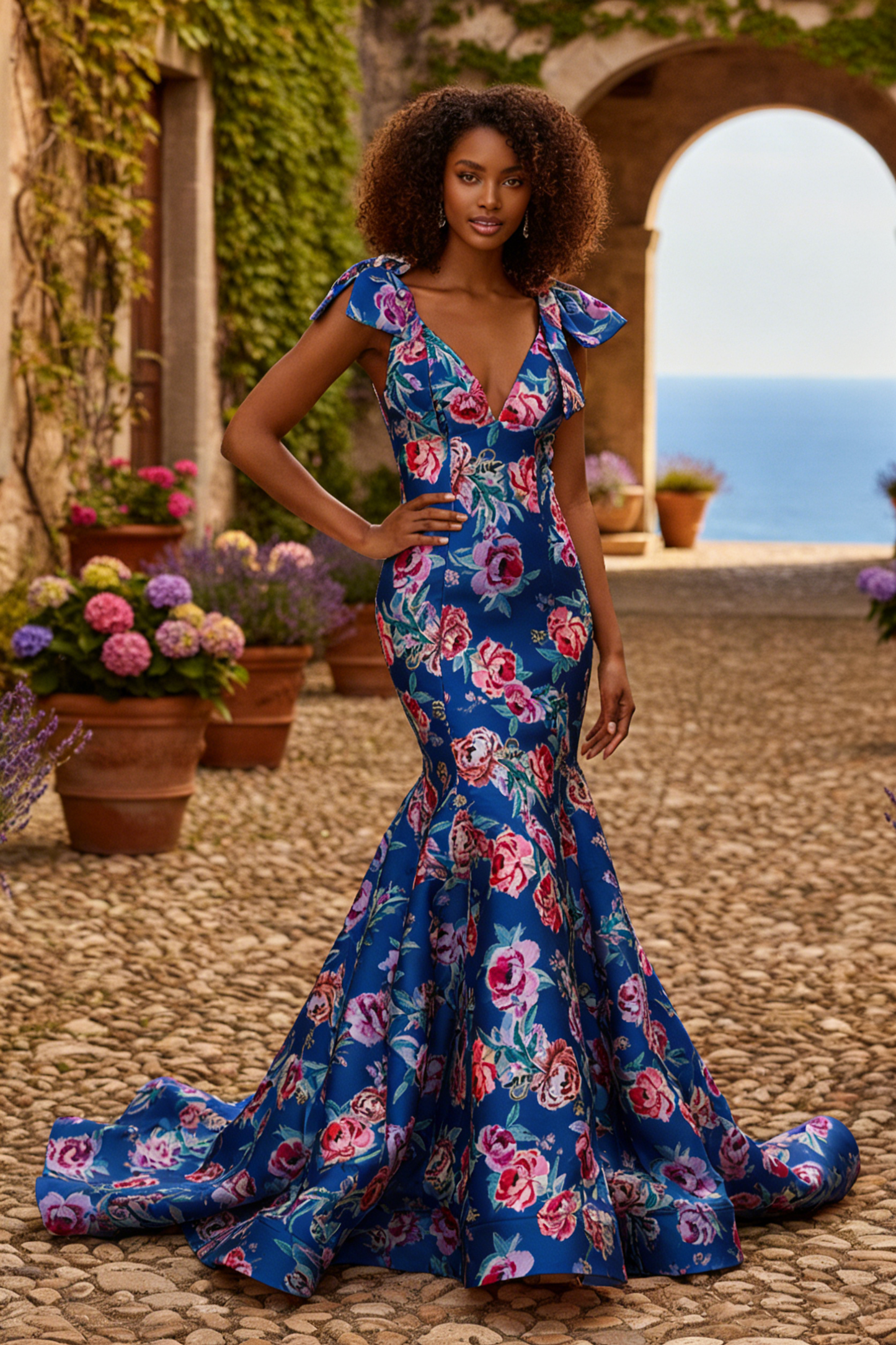 Luxury Deep V-Neck Mermaid Prom Dresses with Pink Floral Print | Sevoba