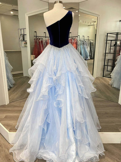 Belinda | Ruffle One Shoulder Royal Blue Velvet Top Long Formal Dress