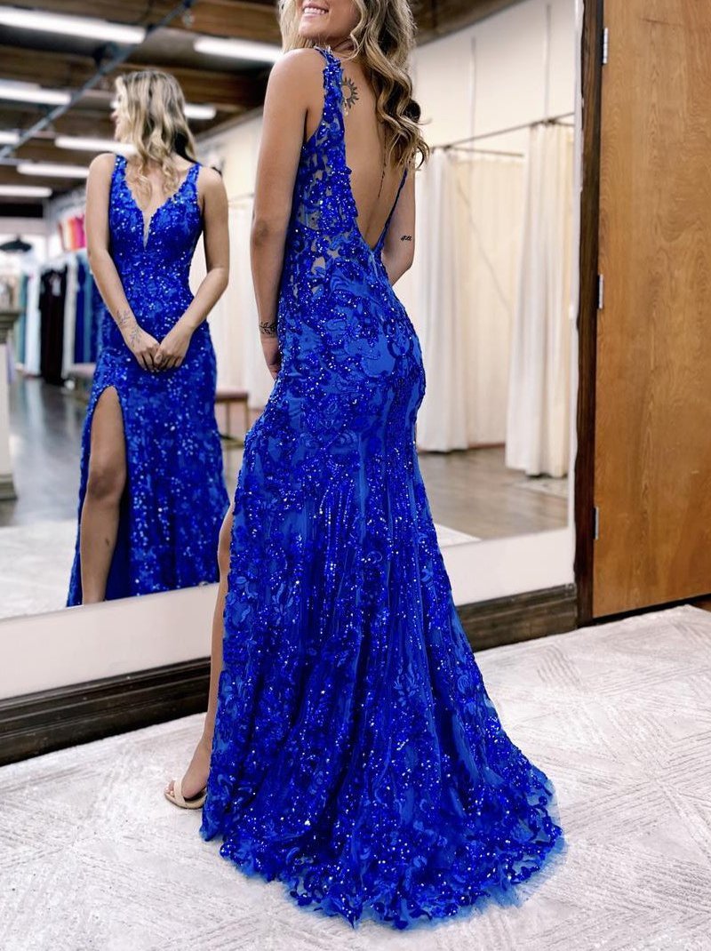 Sevoba|Mermaid V Neck Sequined Lace Prom Dress with Slit