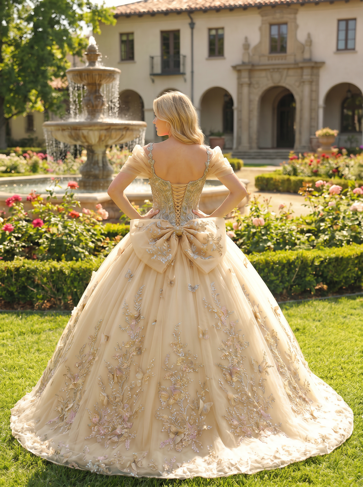 Elegant Ball Gown Cold Shoulder Quinceañera Dress With Floral Embroidery and 3D Butterfly | Sevoba