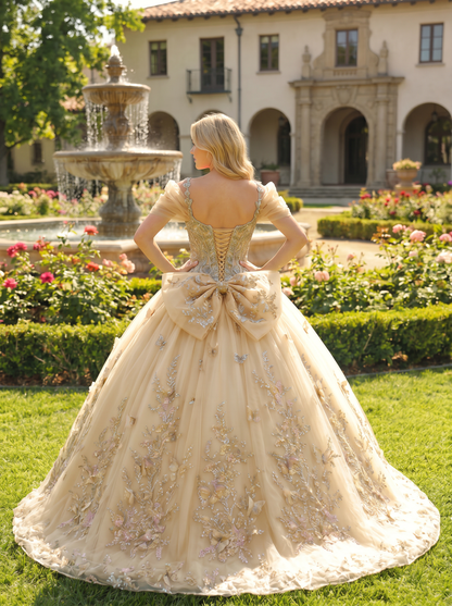 Elegant Ball Gown Cold Shoulder Quinceañera Dress With Floral Embroidery and 3D Butterfly | Sevoba