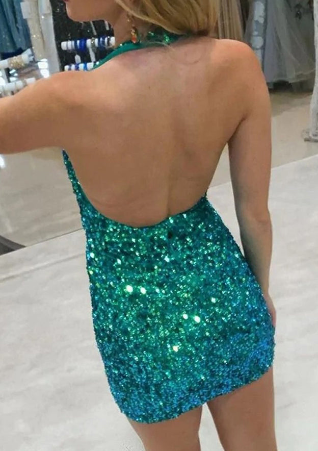 Sheath/Column Halter Sleeveless Sequined Short/Mini Homecoming Dress