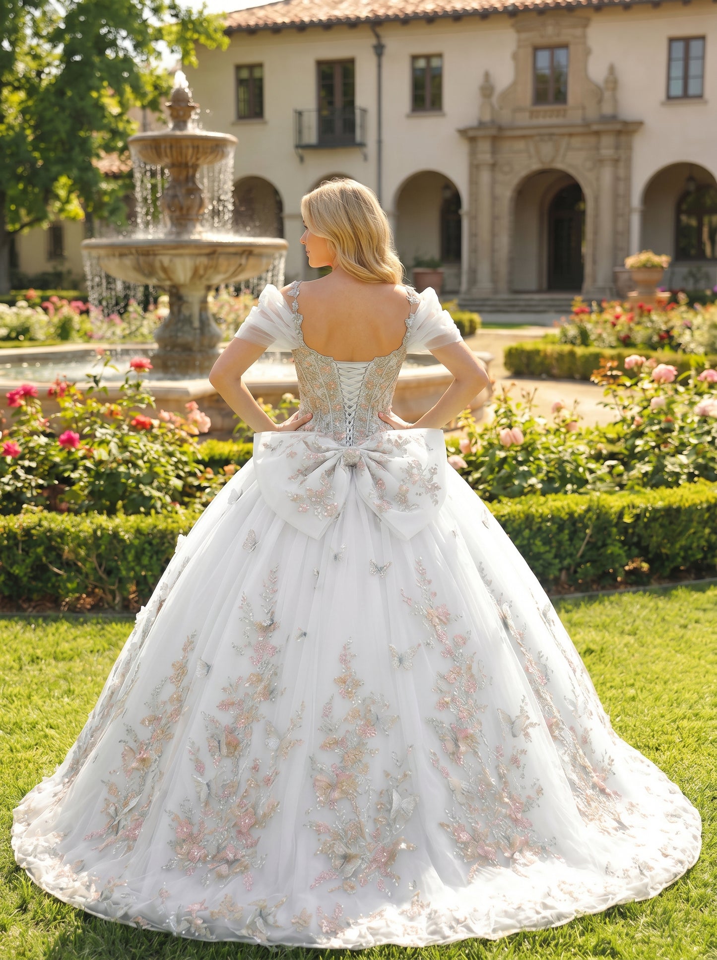 Elegant Ball Gown Cold Shoulder Quinceañera Dress With Floral Embroidery and 3D Butterfly | Sevoba