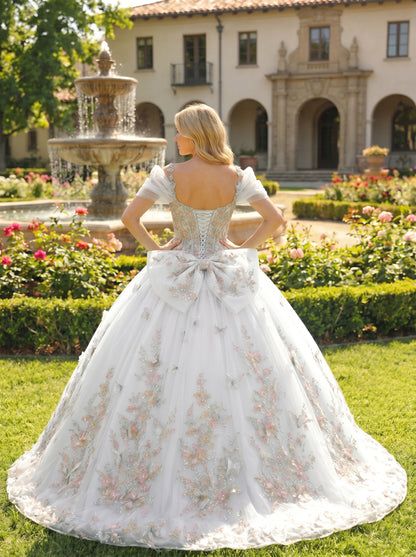 Elegant Ball Gown Cold Shoulder Quinceañera Dress With Floral Embroidery and 3D Butterfly | Sevoba