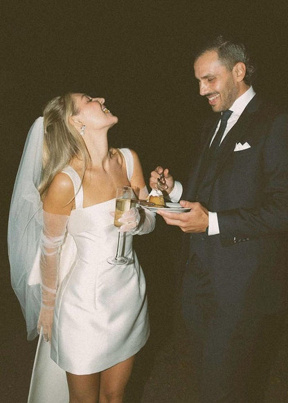 Sevoba|Square Neck White Satin Short Wedding Dress with Bow Back and Veil