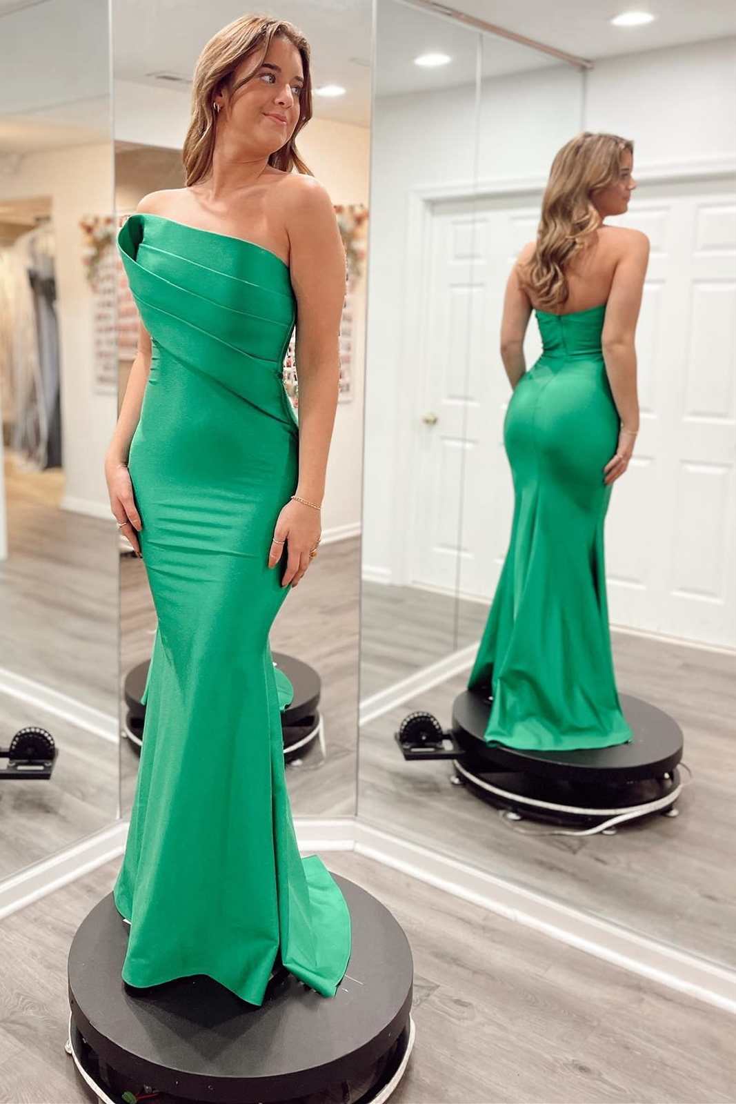 Sevoba|Asymmetrical Green Strapless Ruched Mermaid Long Prom Dress