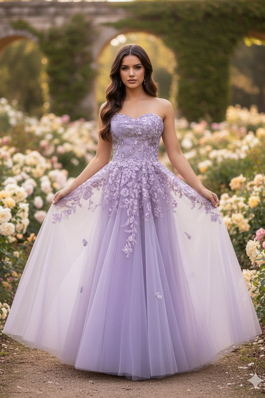 Sevoba lilac strapless sweetheart applique tulle ball gown prom dress with lace-up back, back view in rose garden setting