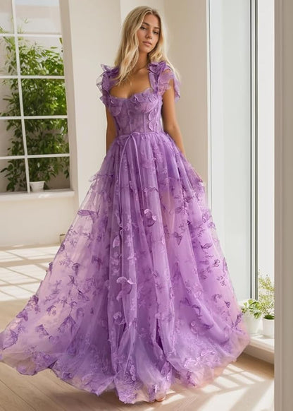 Sevoba|Lilac A-line Butterfly Lace Lilac Corset Prom Dress with Slit