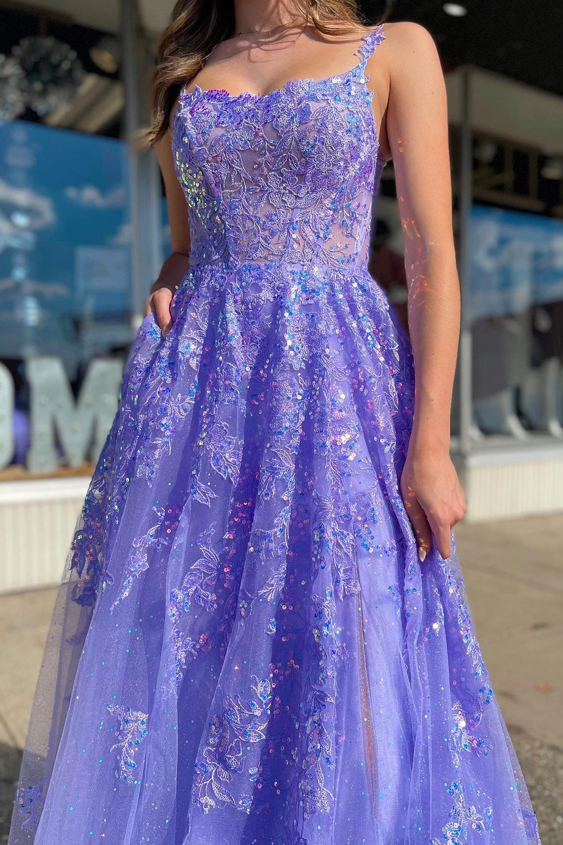Sevoba|Lavender Tulle Sequin Scoop Neck A-Line Long Dress with Slit