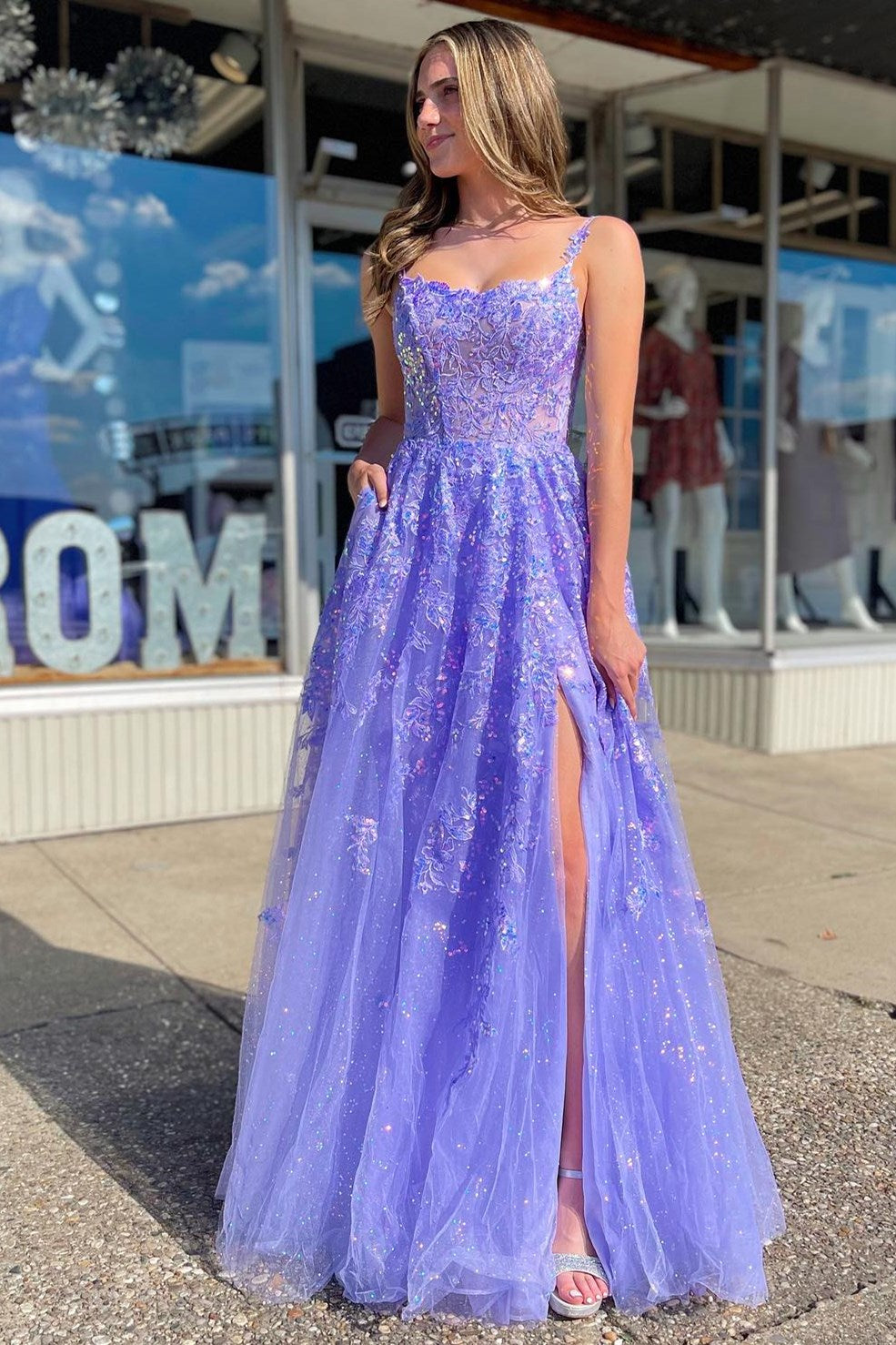 Sevoba|Lavender Tulle Sequin Scoop Neck A-Line Long Dress with Slit