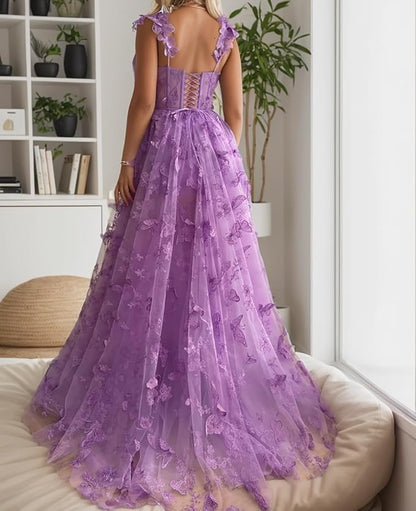 Sevoba|Lilac A-line Butterfly Lace Lilac Corset Prom Dress with Slit