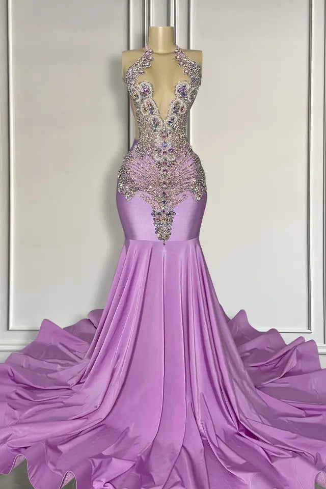 Fabulous Long Lilac Sleeveless Halter Mermaid Formal Dresses With Beads