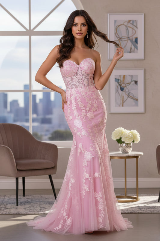 Sevoba blush pink sweetheart strapless lace mermaid prom dress with floral appliqué and tulle hem, front view indoors