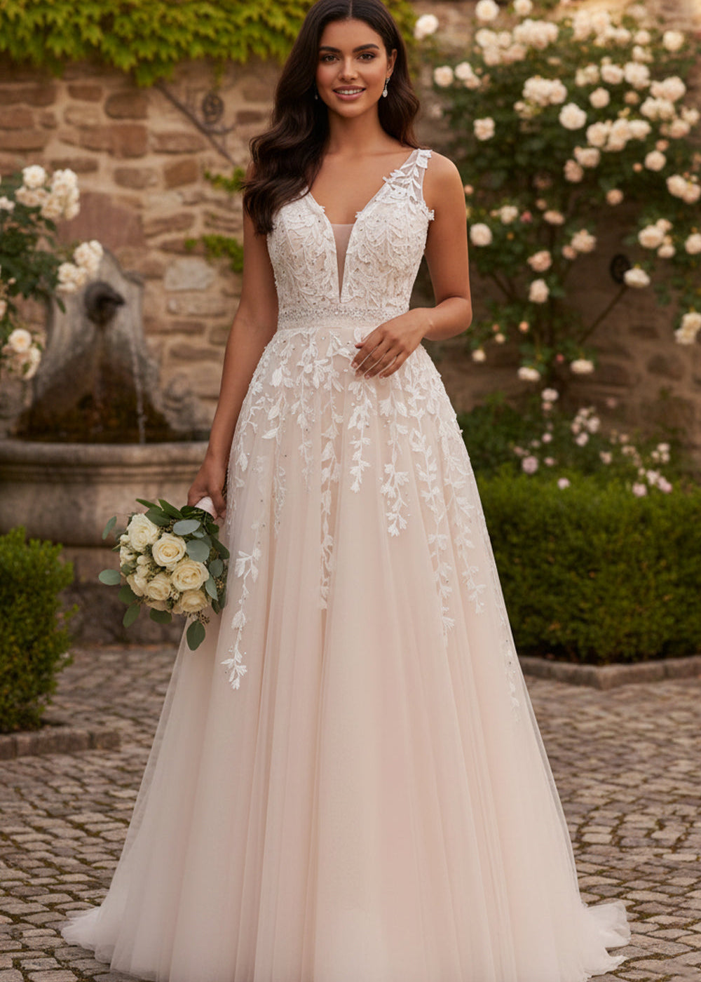 Sevoba ivory V-neck applique lace tulle A-line prom dress with sheer plunge and sweep train, front view in garden courtyard