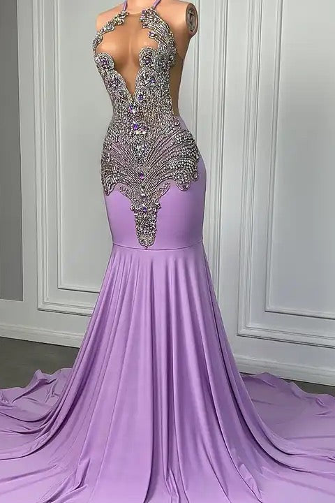 Fabulous Long Lilac Sleeveless Halter Mermaid Formal Dresses With Beads