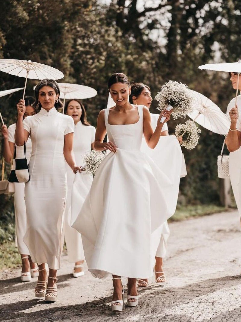 Sevoba|Simple A-Line Square Neck White Satin Wedding Dresses