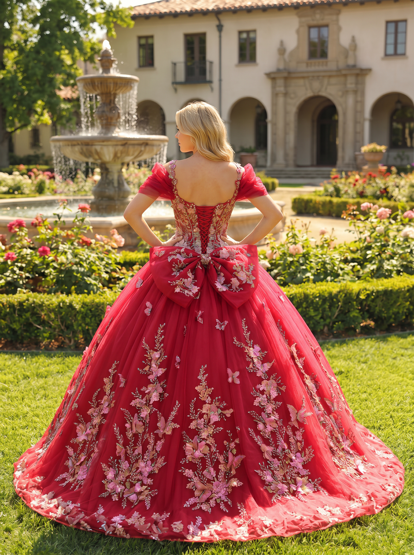 Elegant Ball Gown Cold Shoulder Quinceañera Dress With Floral Embroidery and 3D Butterfly | Sevoba