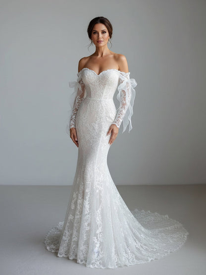 Sevoba|Lace Mermaid Covered-Button Long Sleeve Train Wedding Dress