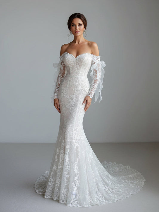 Sevoba|Lace Mermaid Covered-Button Long Sleeve Train Wedding Dress