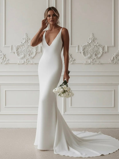 Sevoba|Elegant Mermaid V-Neck Elastic Satin Long Wedding Dresses