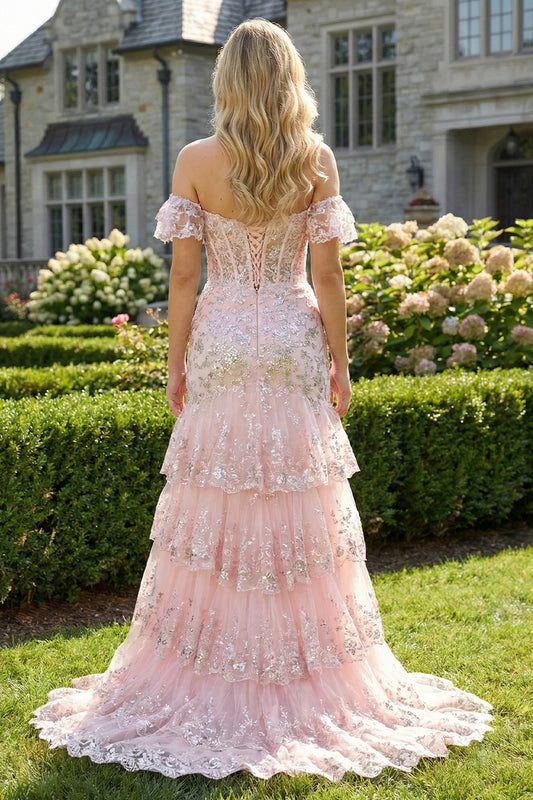 Sevoba floral sequin corset off the shoulder prom dress with adjustable lace up corset back and layered tulle skirt, back view outdoors