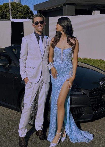 Sevoba|Mermaid Spaghetti Straps Appliques Prom Dress with Slit