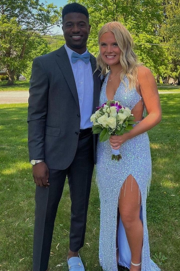 Sevoba|Black Sequin Fringe Halter Long Prom Dress with Slit