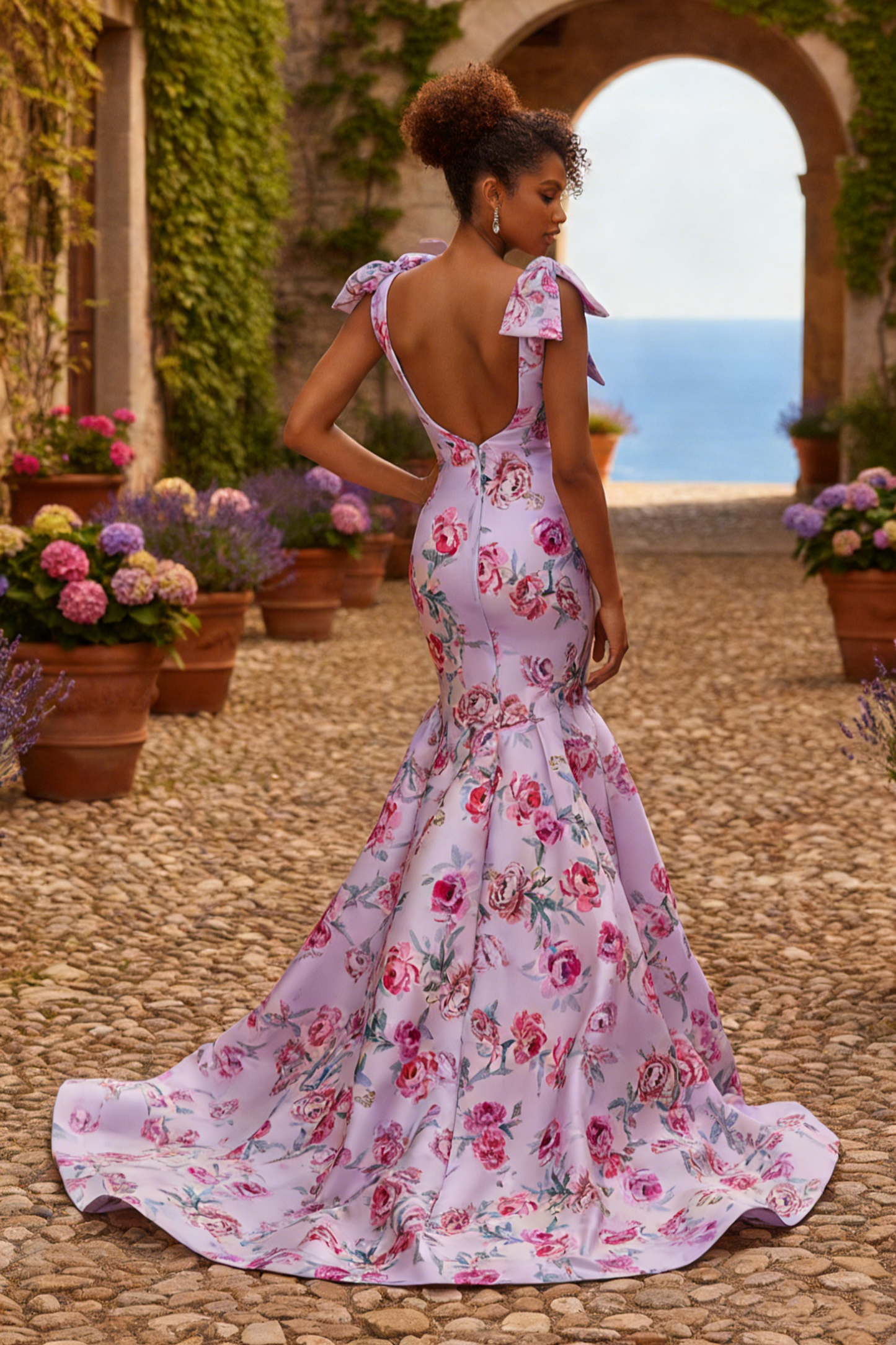 Luxury Deep V-Neck Mermaid Prom Dresses with Pink Floral Print | Sevoba