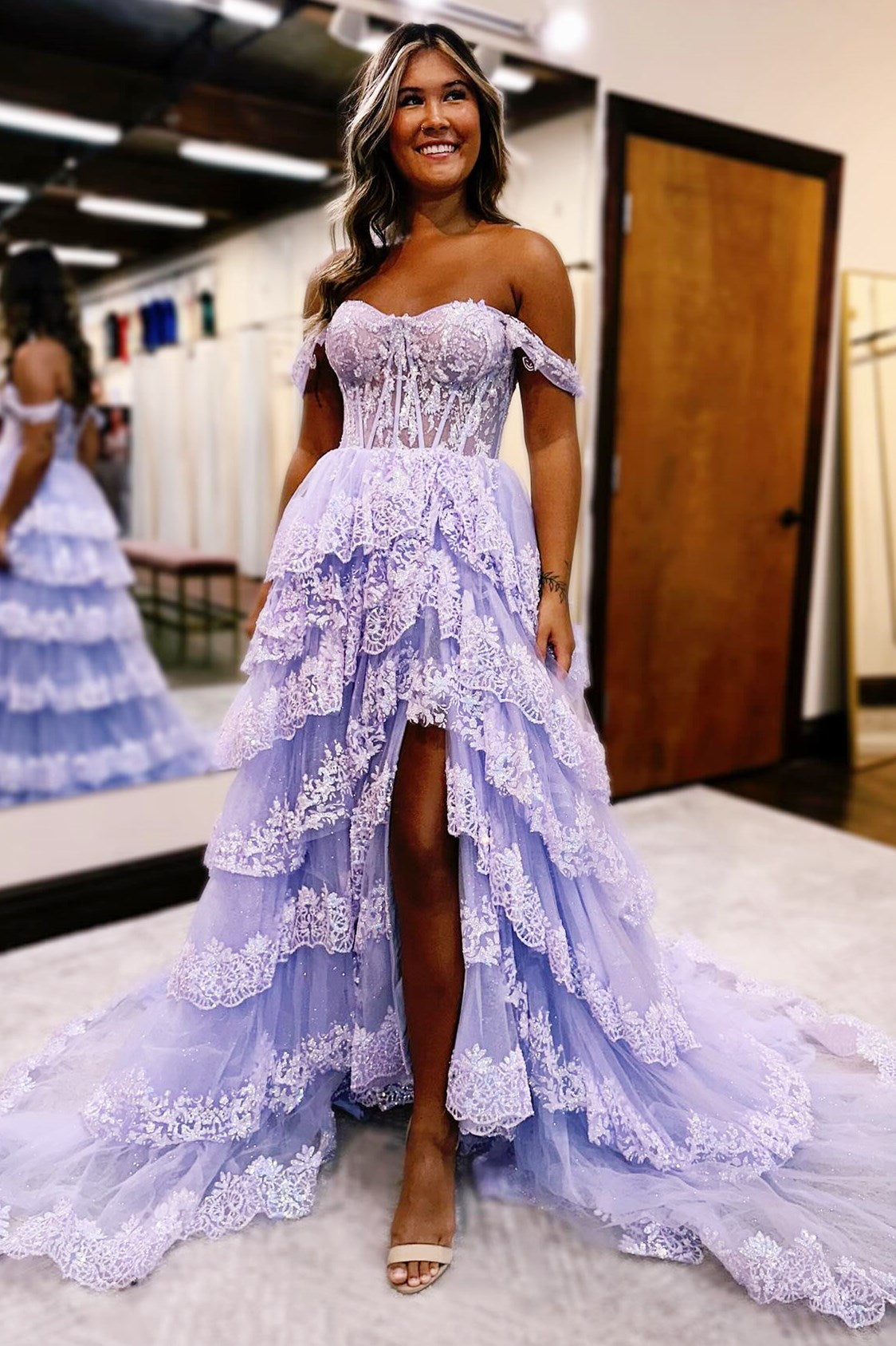 Sevoba|Pink Sequin Appliques Off-the-Shoulder Ruffle Tiered Long Prom Dress