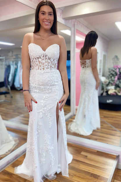Sevoba|Classic Lace Appliques Strapless Mermaid Prom Dress with Slit