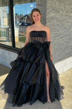 Sevoba|A-Line Strapless Empire-Waist Tiered Sleeveless Long Prom Dress with Bow