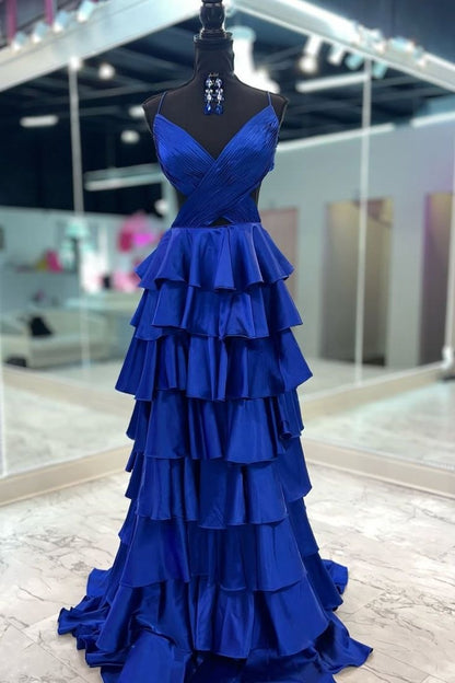 Sevoba|Burgundy Spaghetti Straps V-Neck Layered Satin Prom Dress with Slit