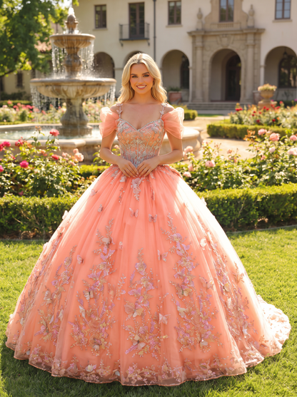 Elegant Ball Gown Cold Shoulder Quinceañera Dress With Floral Embroidery and 3D Butterfly | Sevoba