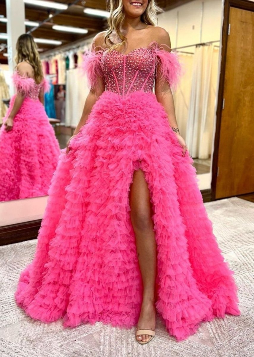 A Line Off the Shoulder Tiered Tulle Prom Dress With Slit