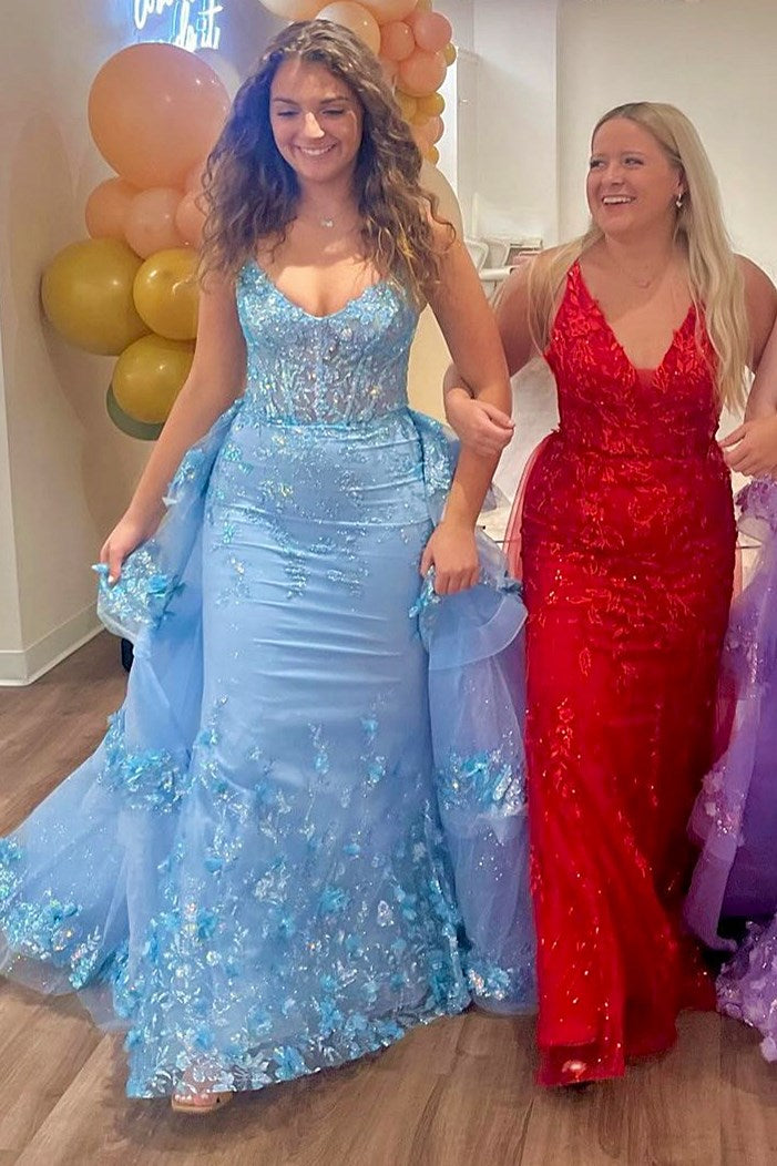Sevoba|Blue Sequin Lace V-Neck Pageant Dress with Attached Train