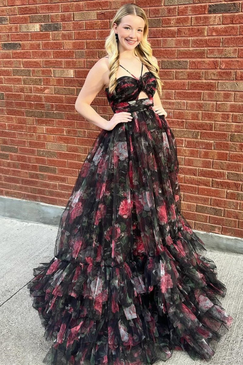 Rita | Pink Print Halter Keyhole A-Line Long Prom Dress