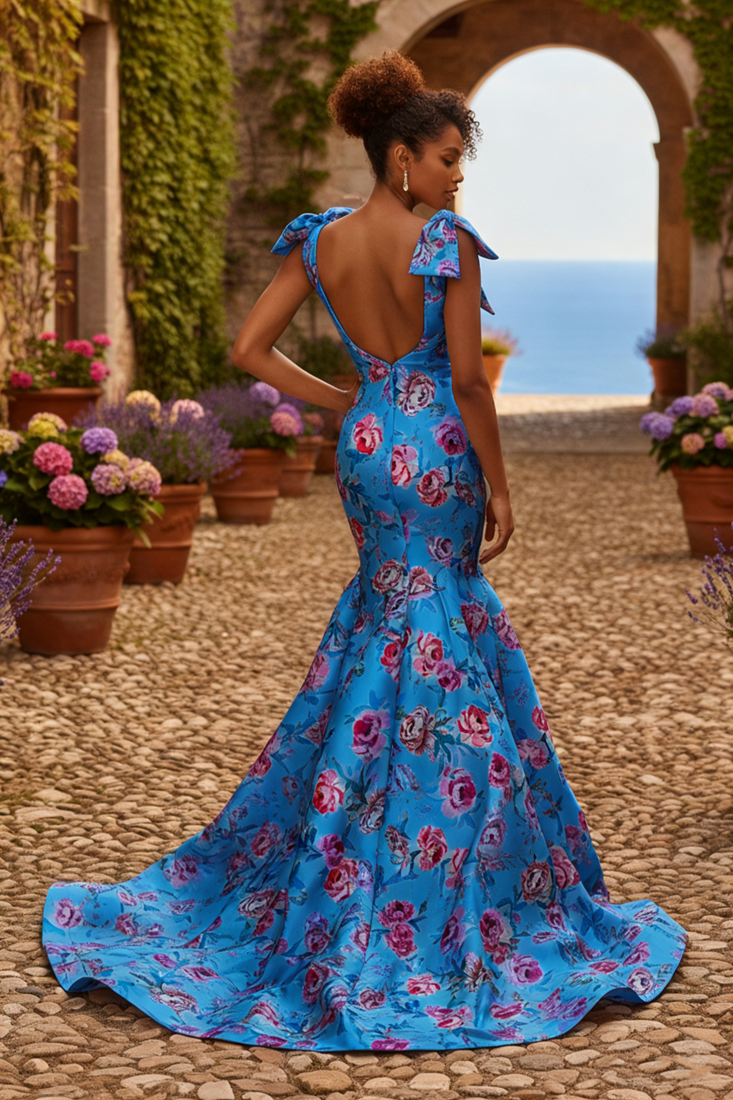 Luxury Deep V-Neck Mermaid Prom Dresses with Pink Floral Print | Sevoba