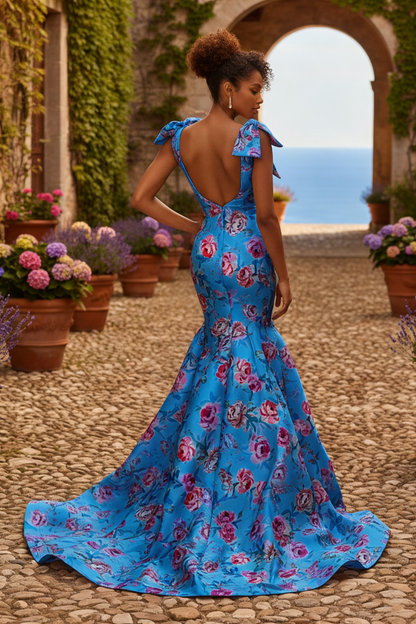 Luxury Deep V-Neck Mermaid Prom Dresses with Pink Floral Print | Sevoba