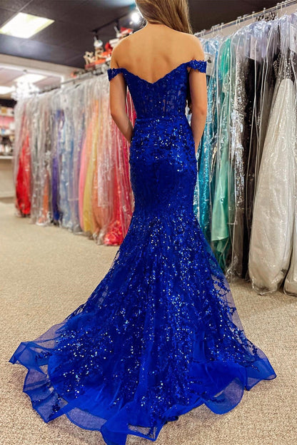 Sevoba|Off-the-Shoulder Sequin Lace Mermaid Long Dress with High Slit