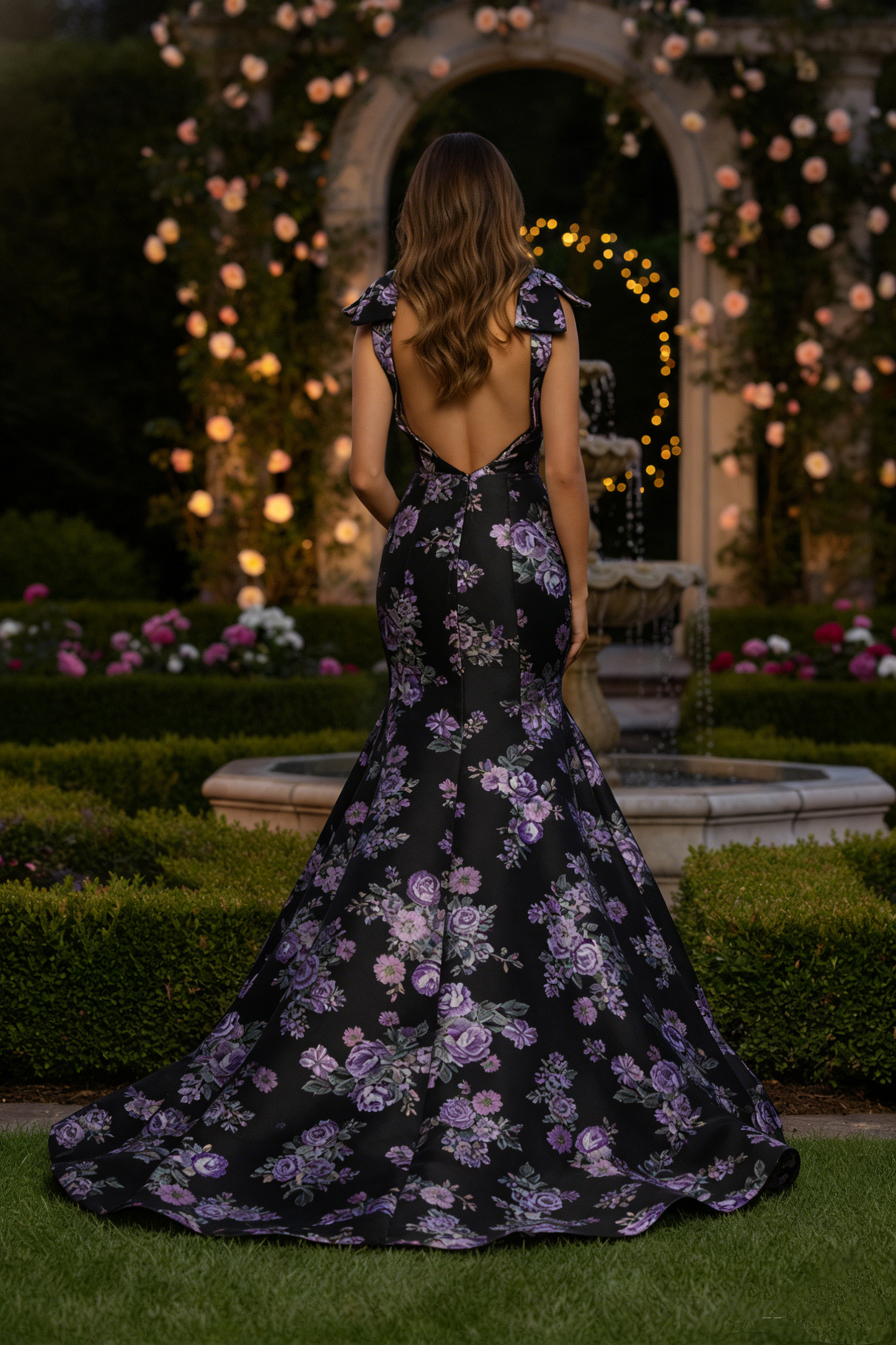 Luxury Mermaid Prom Dresses with Purple Floral Print on Red Satin | Sevoba